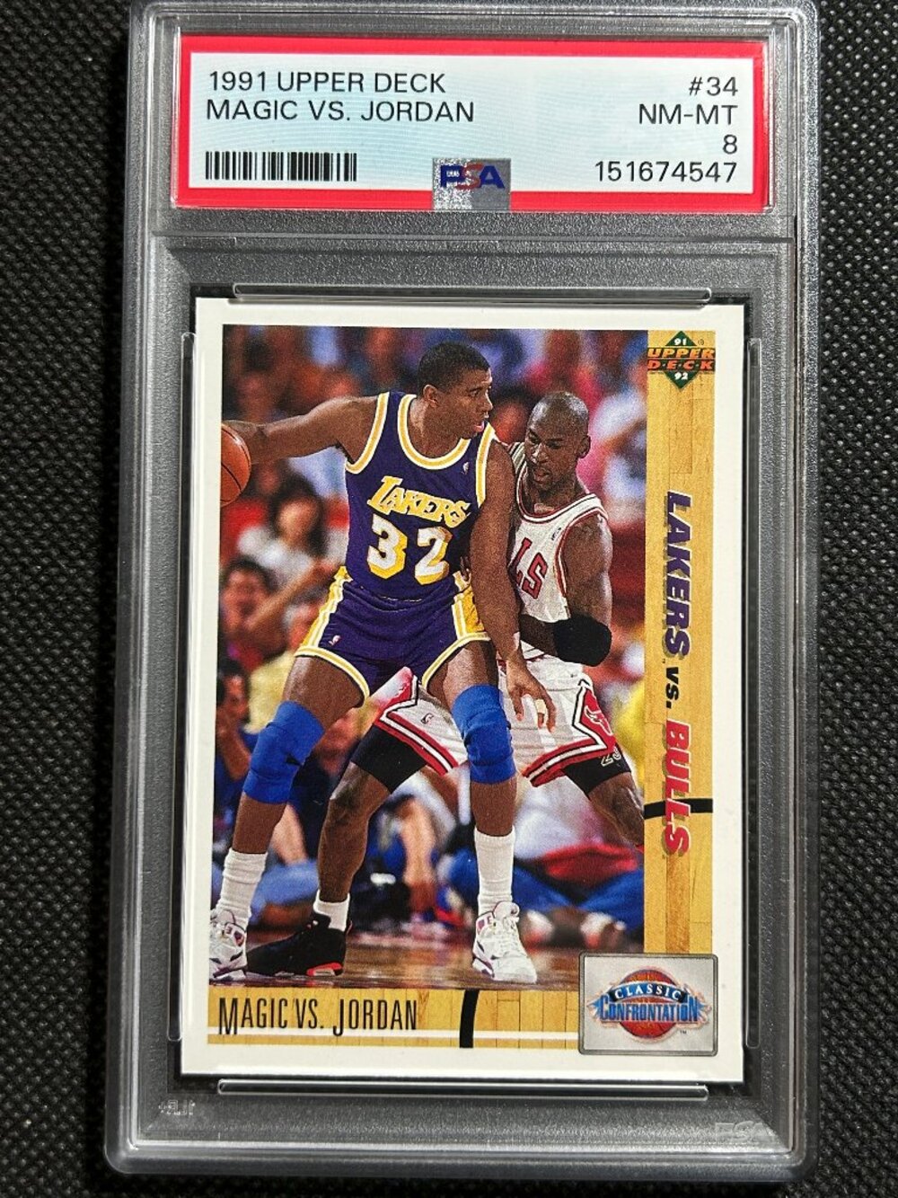 1991 UPPER DECK #34 MAGIC JOHNSON VS. MICHAEL JORDAN HOF PSA 8